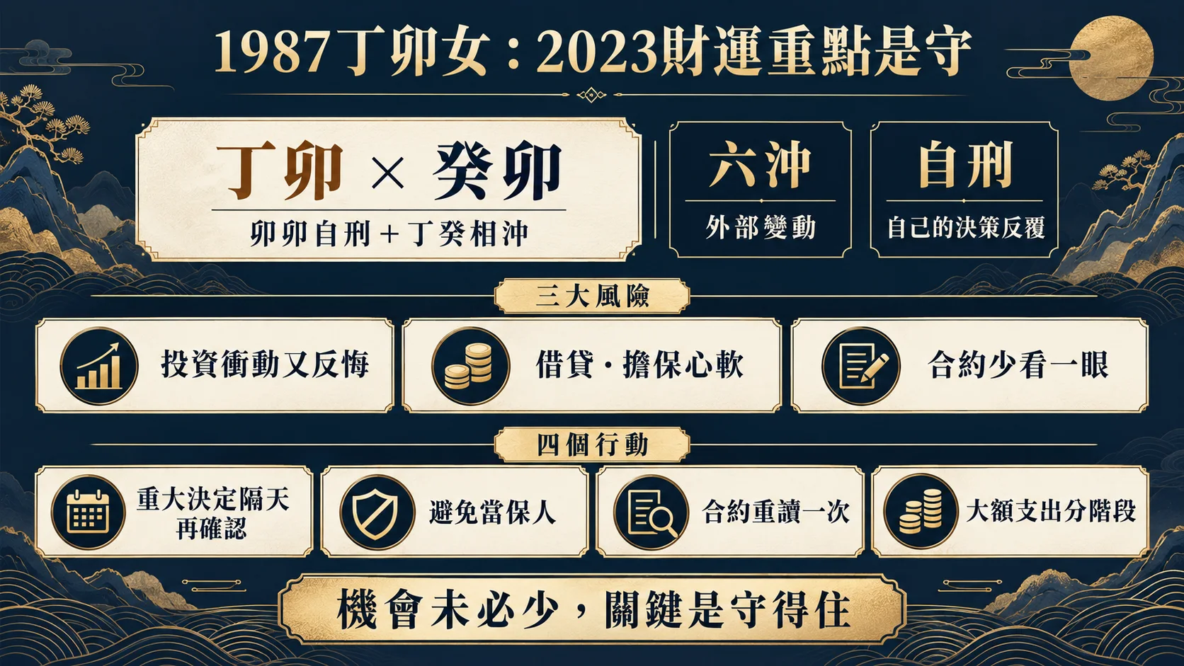1987丁卯女2023卯卯自刑財運守成與風險圖