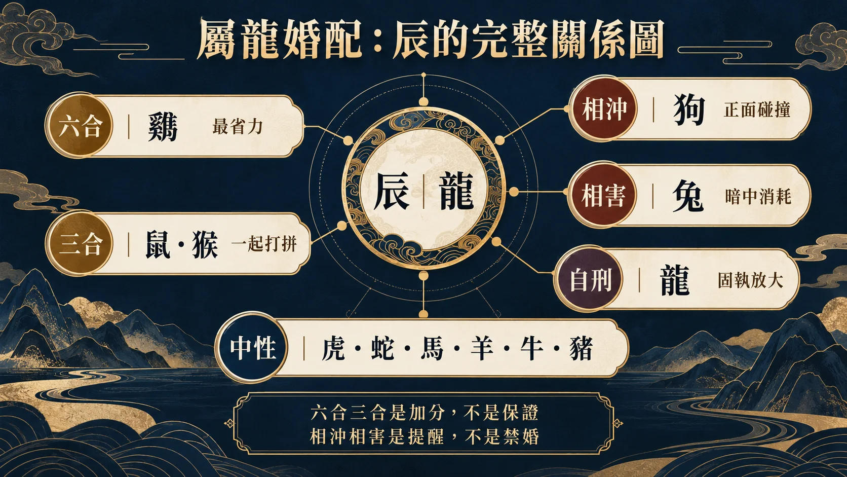 屬龍婚配辰的三合六合相沖相害自刑完整關係圖