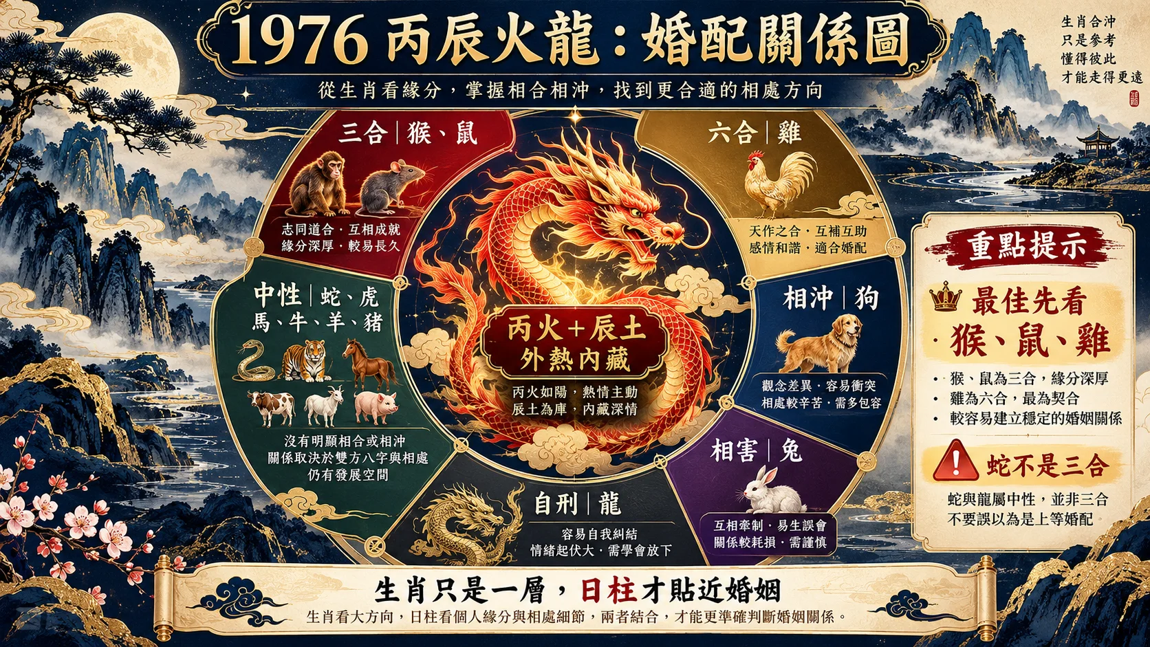 1976丙辰火龍三合六合相沖相害自刑婚配圖