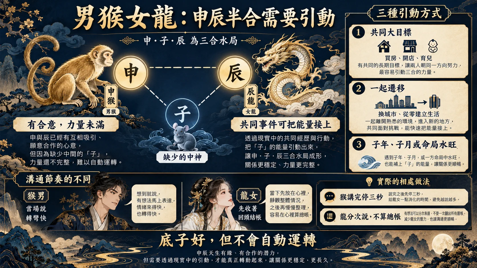 男屬猴女屬龍申辰半合缺子與三種引動方式圖