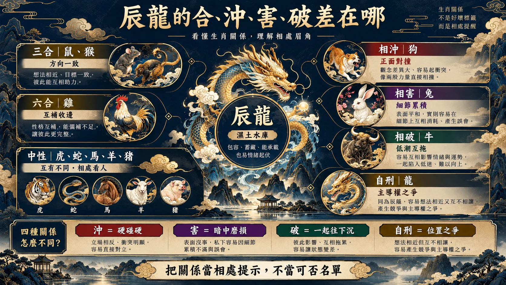 辰龍三合六合相沖相害相破自刑與中性生肖關係圖