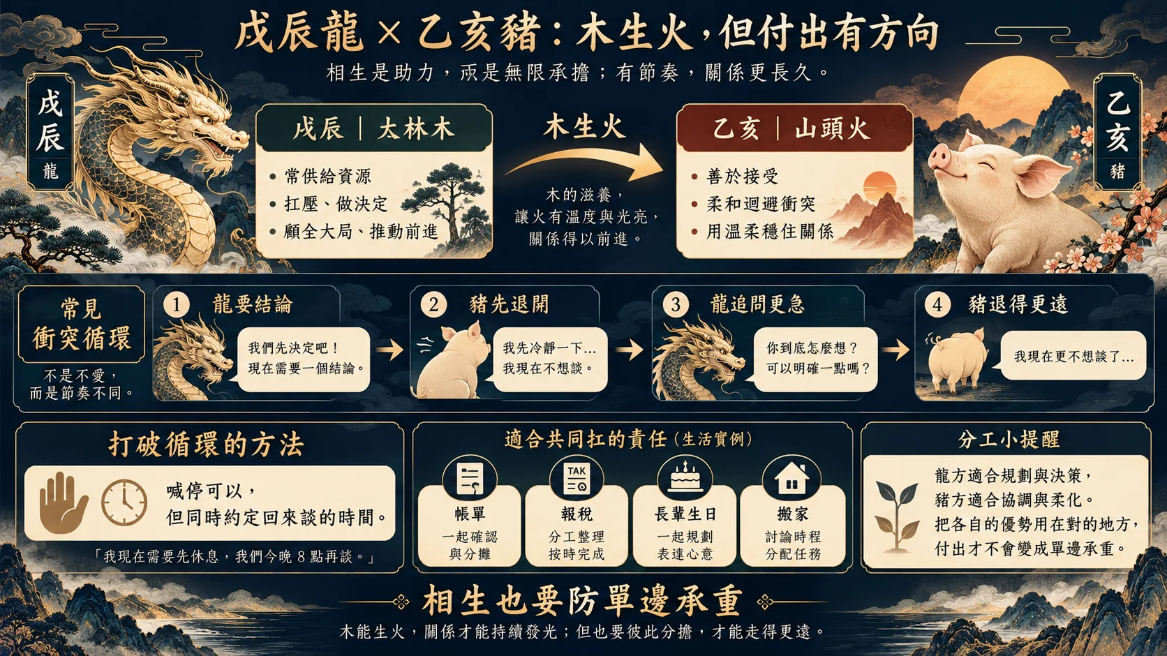 戊辰大林木乙亥山頭火相生與龍豬衝突循環改善圖