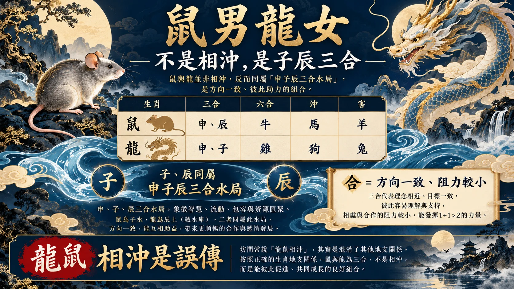 屬鼠男屬龍女子辰三合水局與生肖沖合關係圖