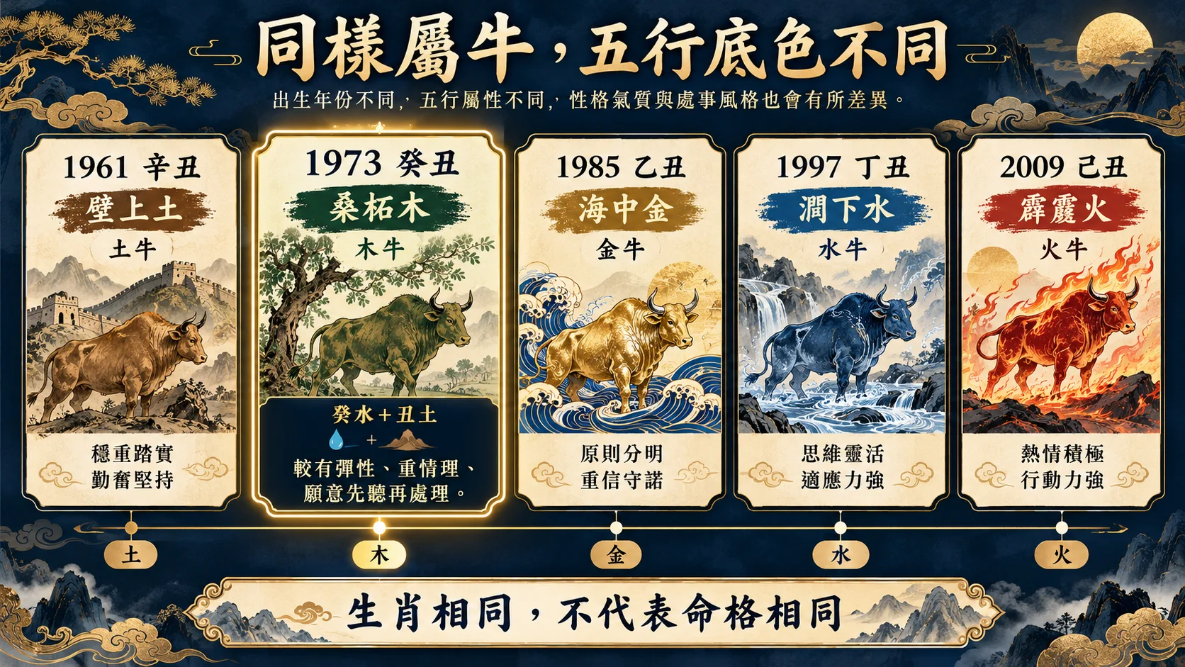 1961至2009五種屬牛納音五行婚配性格比較圖