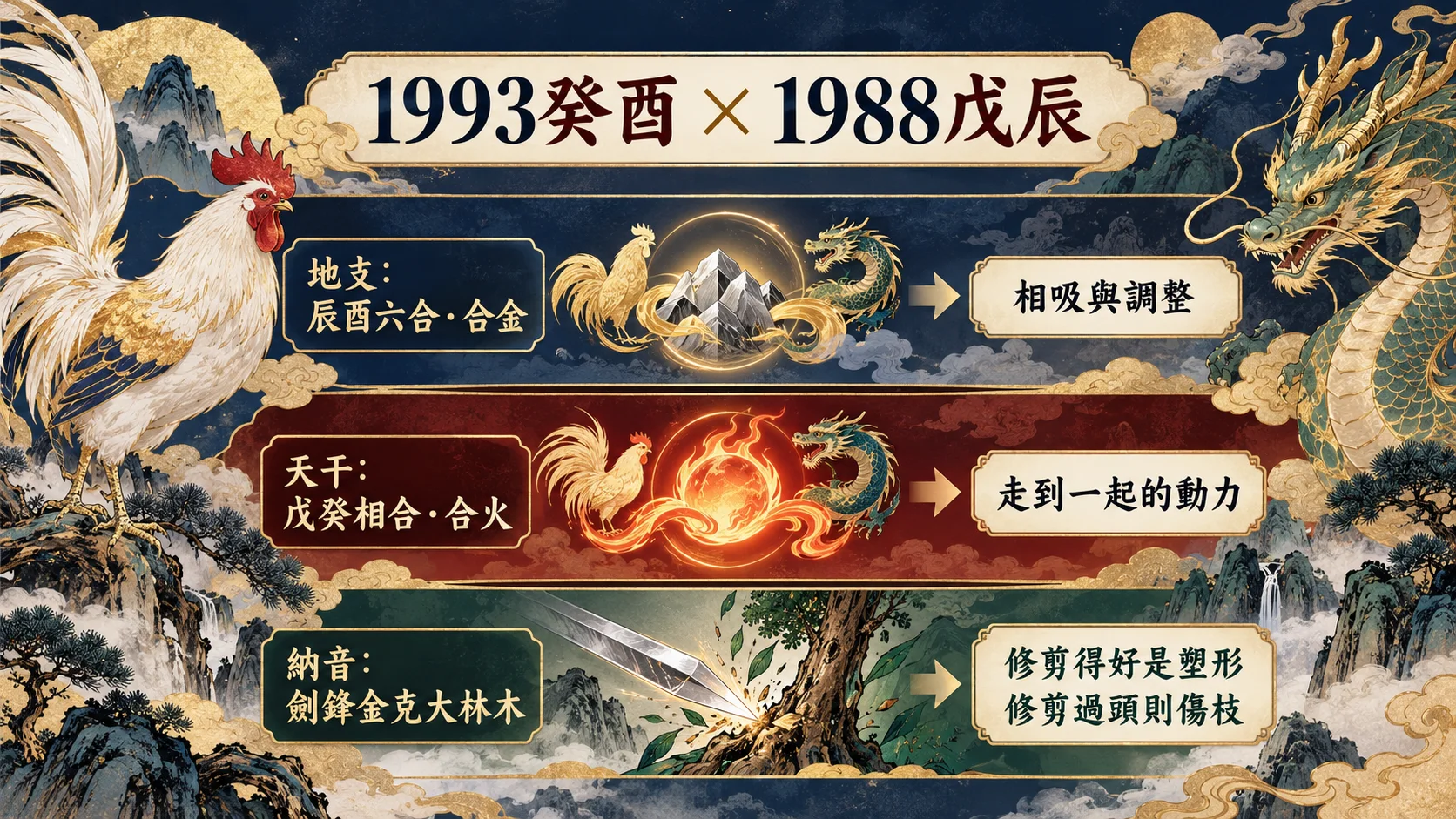 1993癸酉雞1988戊辰龍天地雙合與納音金克木關係圖