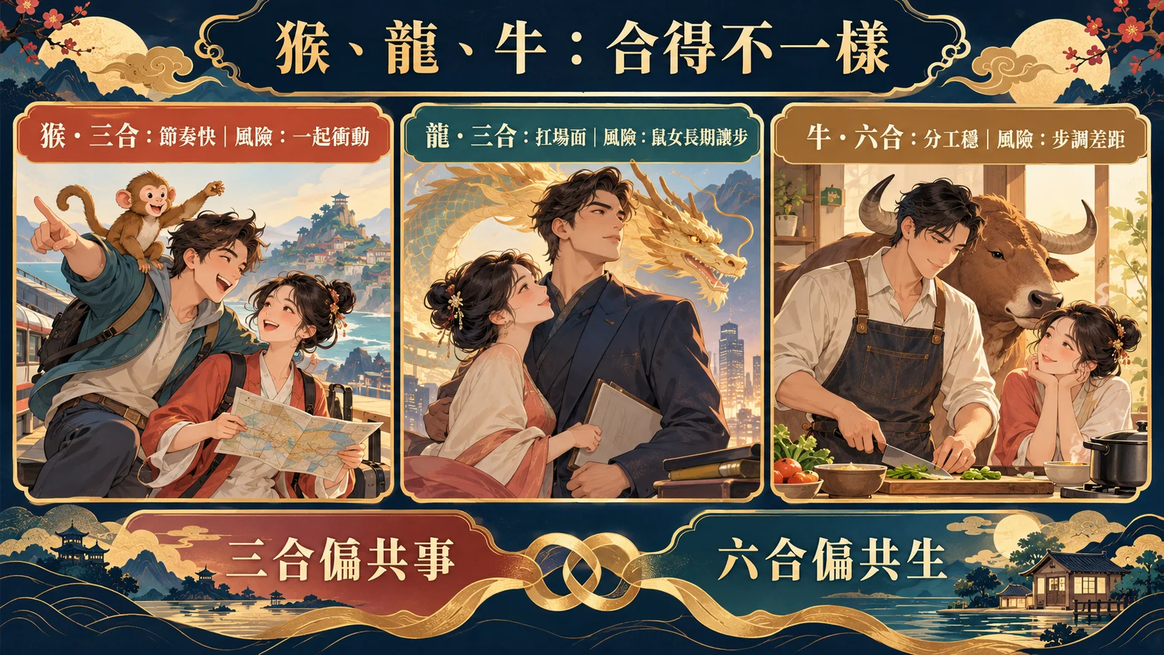屬鼠女與猴龍牛婚配在共事共生與相處方式上的比較圖
