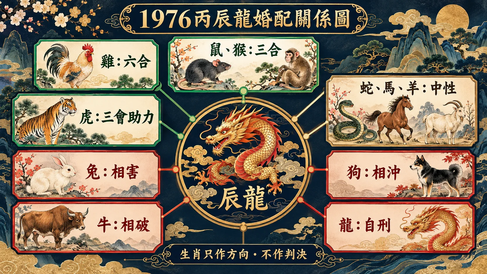 1976丙辰龍六合三合相害相破相沖自刑婚配關係圖