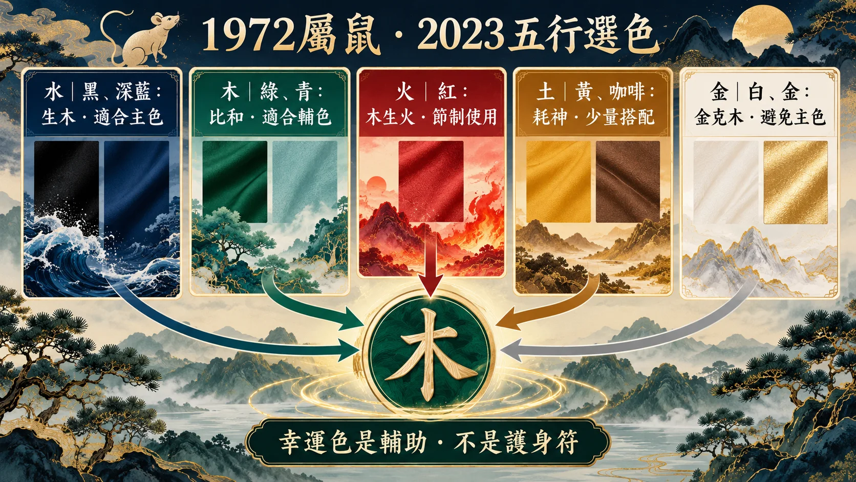 1972屬鼠人2023年黑深藍綠青紅黃白金幸運色取捨圖