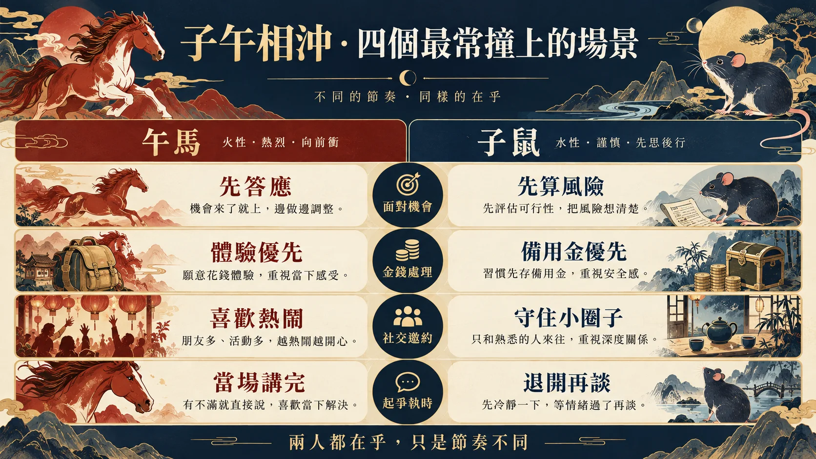 男屬馬女屬鼠子午相沖四個生活場景對照圖