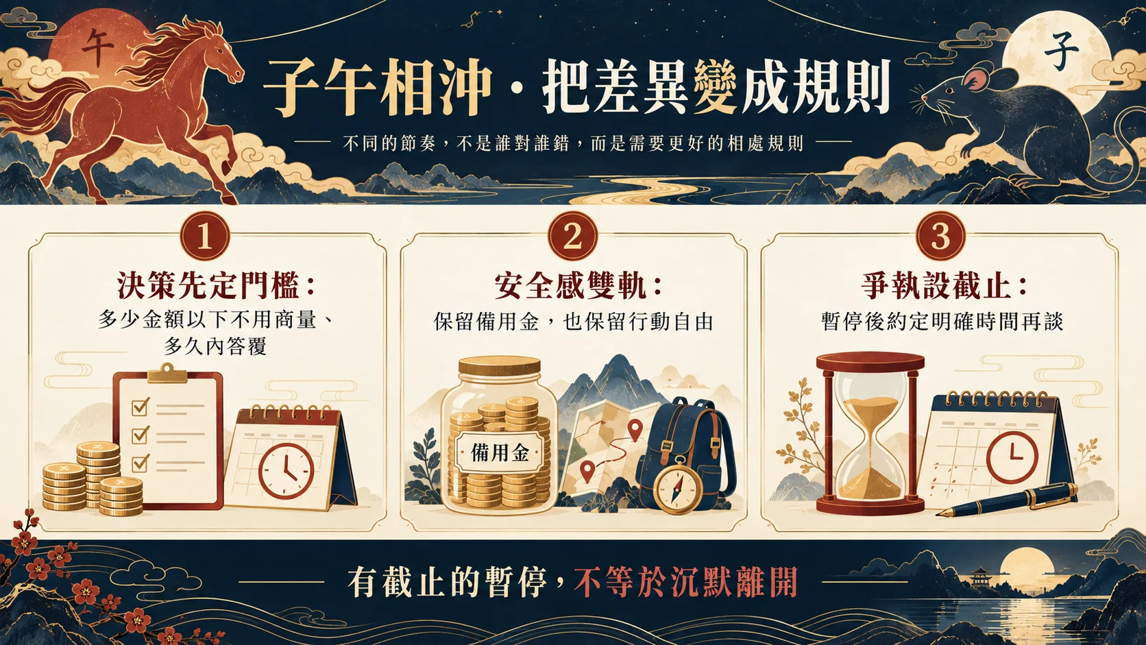 子午相沖決策門檻安全感雙軌爭執截止三項相處規則圖