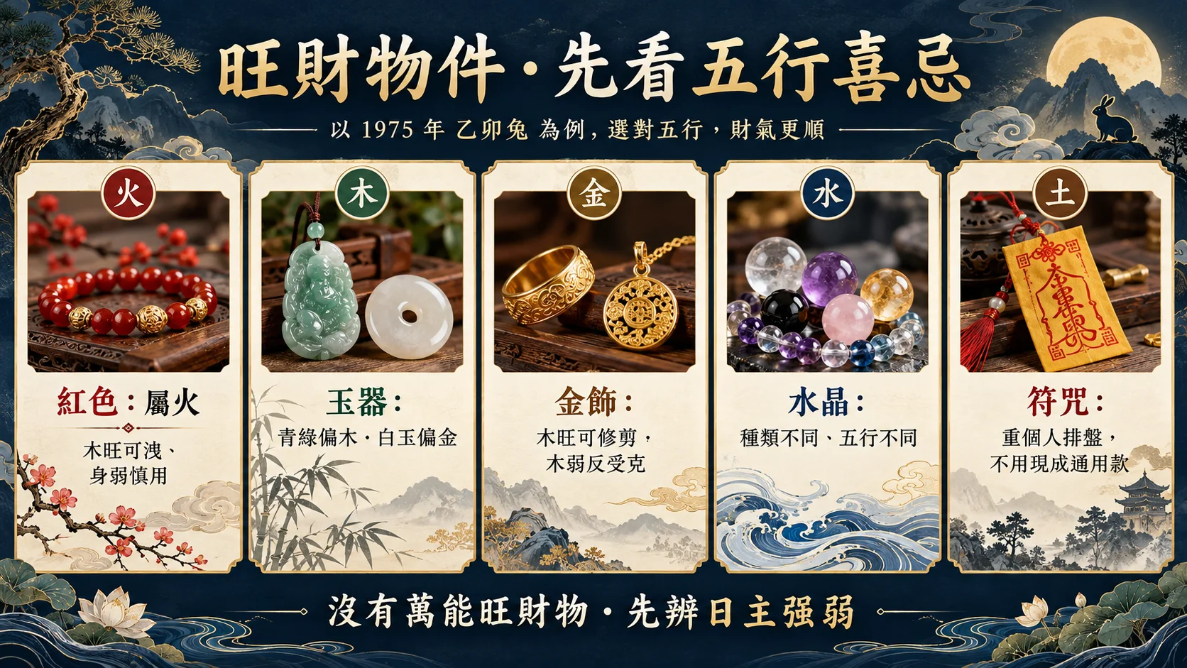 1975屬兔紅色玉器金飾水晶符咒五行喜忌旺財物圖