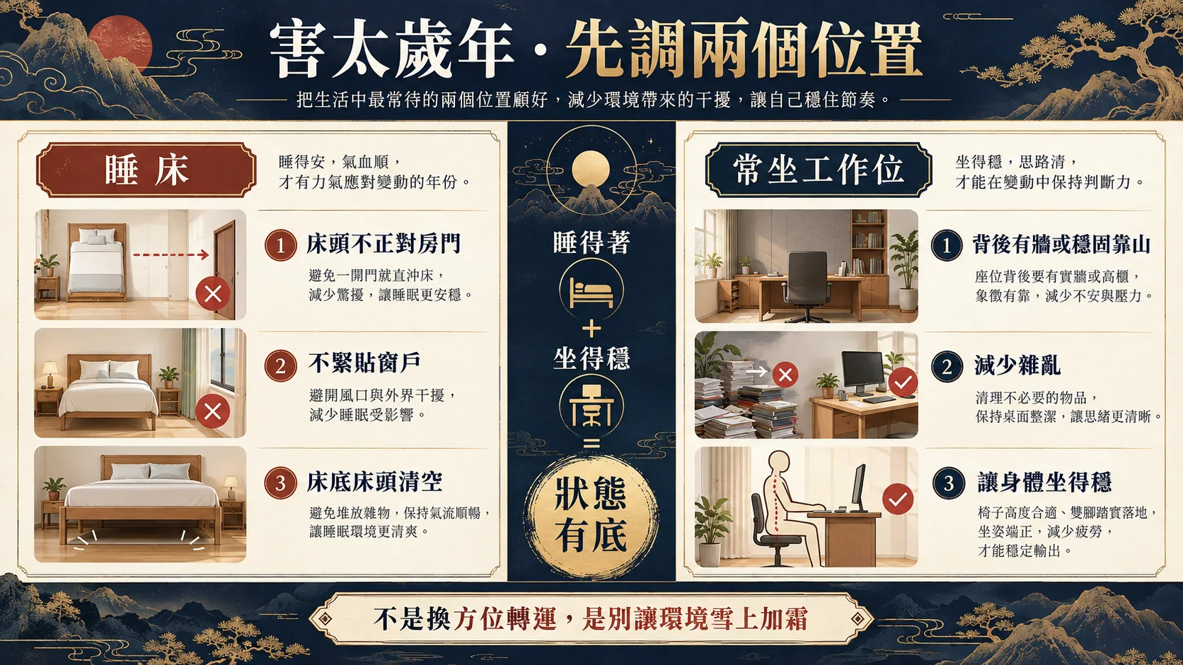 屬羊害太歲睡床工作位靠牆清雜物與安穩狀態調整圖