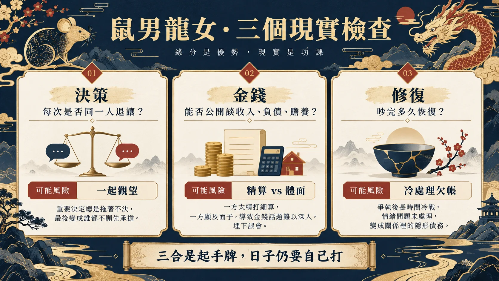 男屬鼠女屬龍生活節奏金錢分工衝突修復三項婚配檢查圖