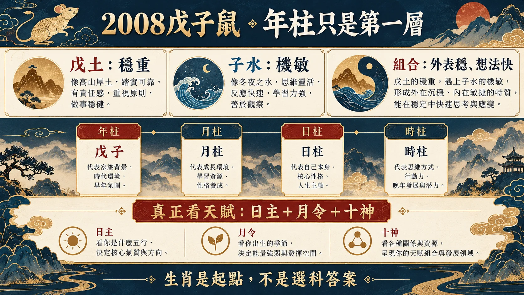 2008戊子鼠戊土子水四柱日主月令十神天賦判斷圖