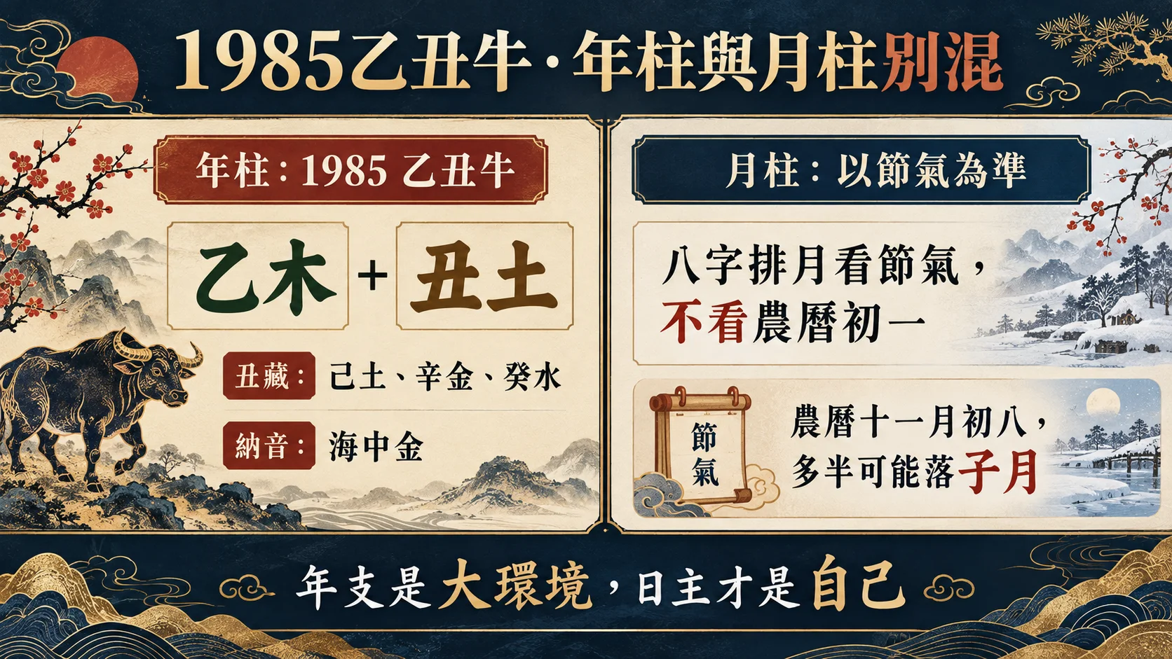 1985乙丑牛年柱藏干海中金與農曆十一月子月判斷圖