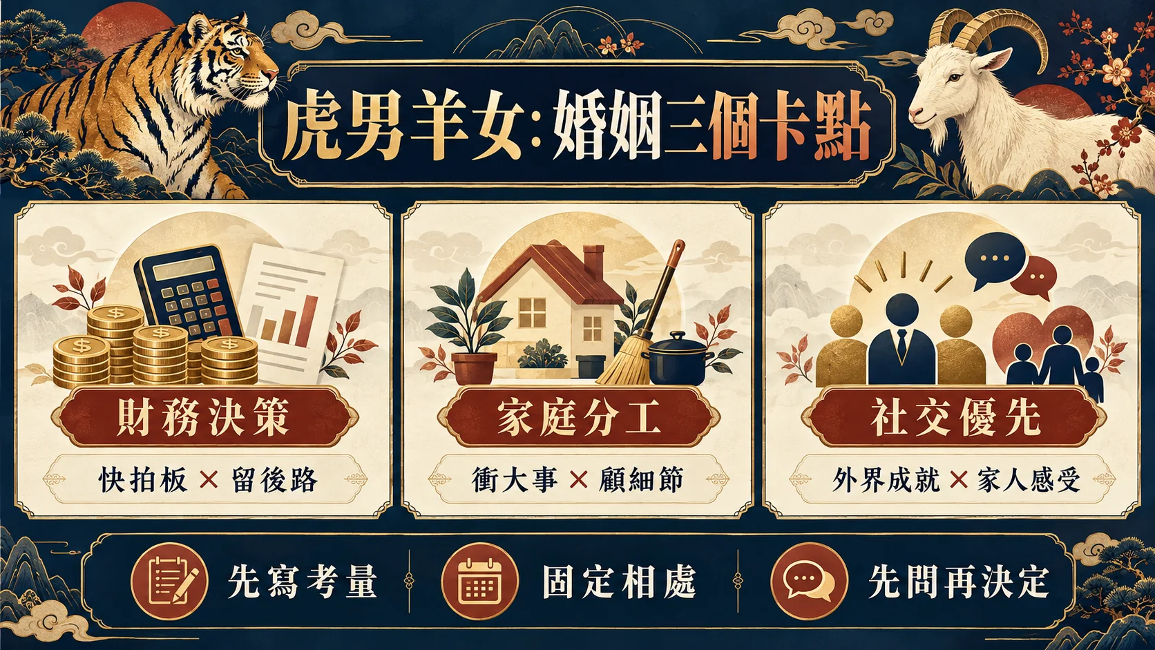 虎男羊女財務決策家庭分工社交優先三個婚姻卡點圖