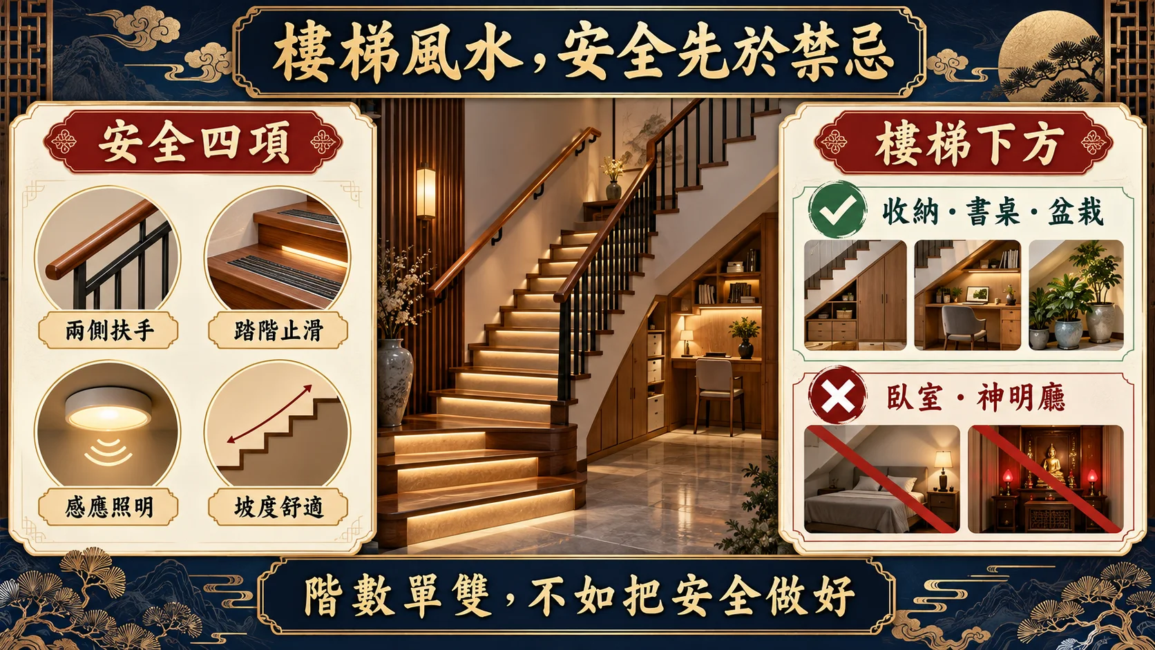 樓梯扶手止滑照明坡度與樓梯下方收納安全教學圖