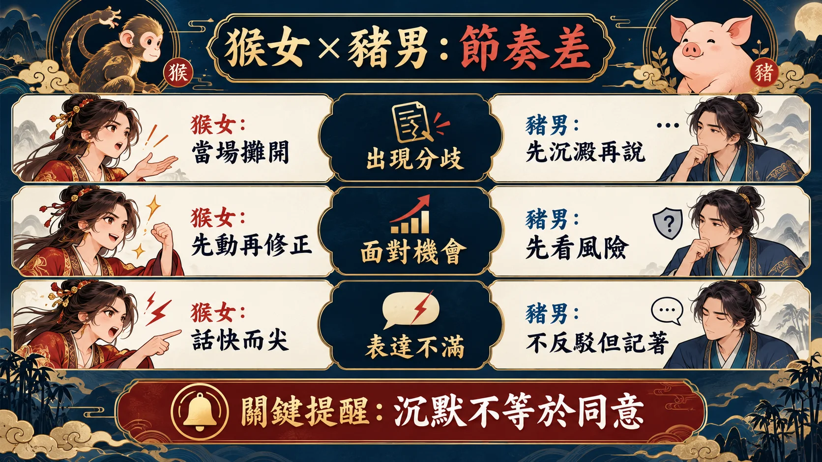 屬猴女屬豬男分歧機會不滿反應節奏對比圖