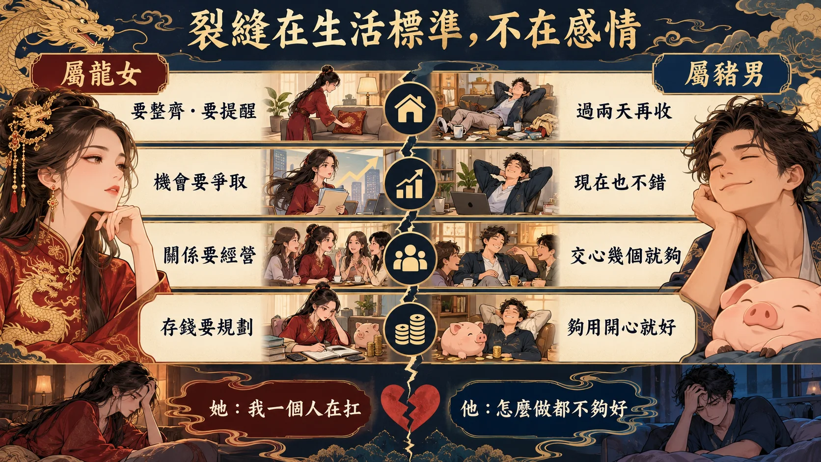 屬龍女屬豬男居家工作社交金錢生活標準對比圖