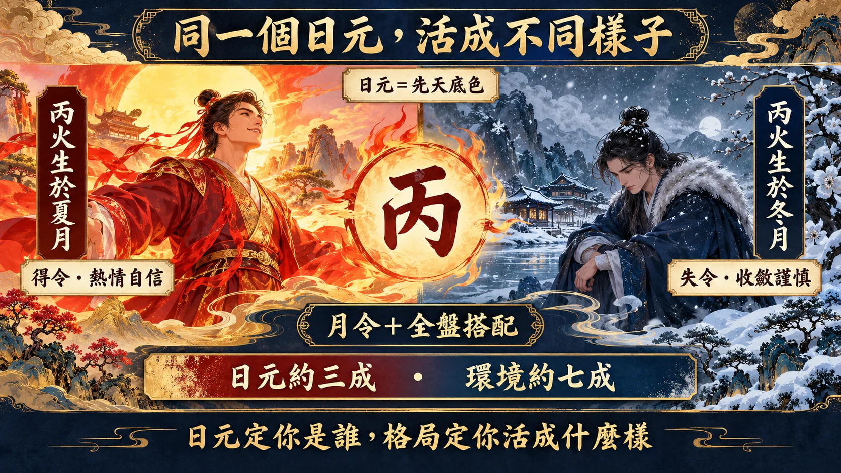 同一丙火日元夏月得令與冬月失令性格對比圖