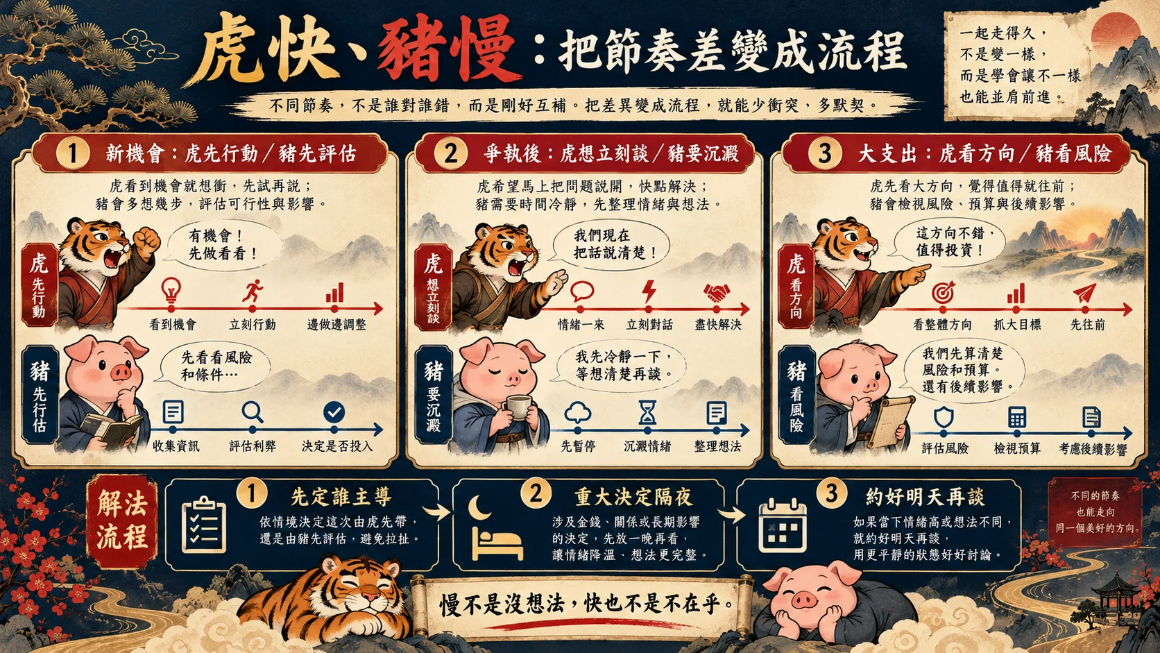 屬豬男屬虎女快慢節奏差異與相處流程圖