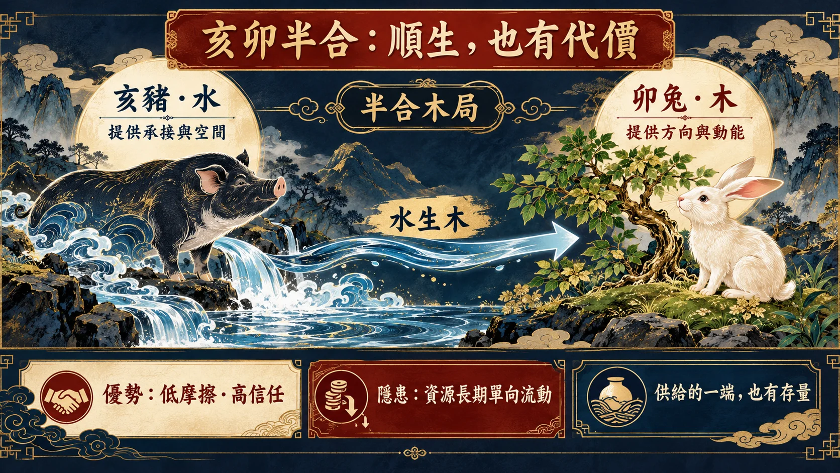 屬豬男屬兔女亥卯半合水生木單向付出關係圖