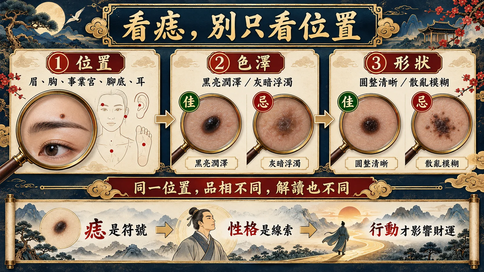 男人痣相位置色澤形狀三步判斷財運教學圖